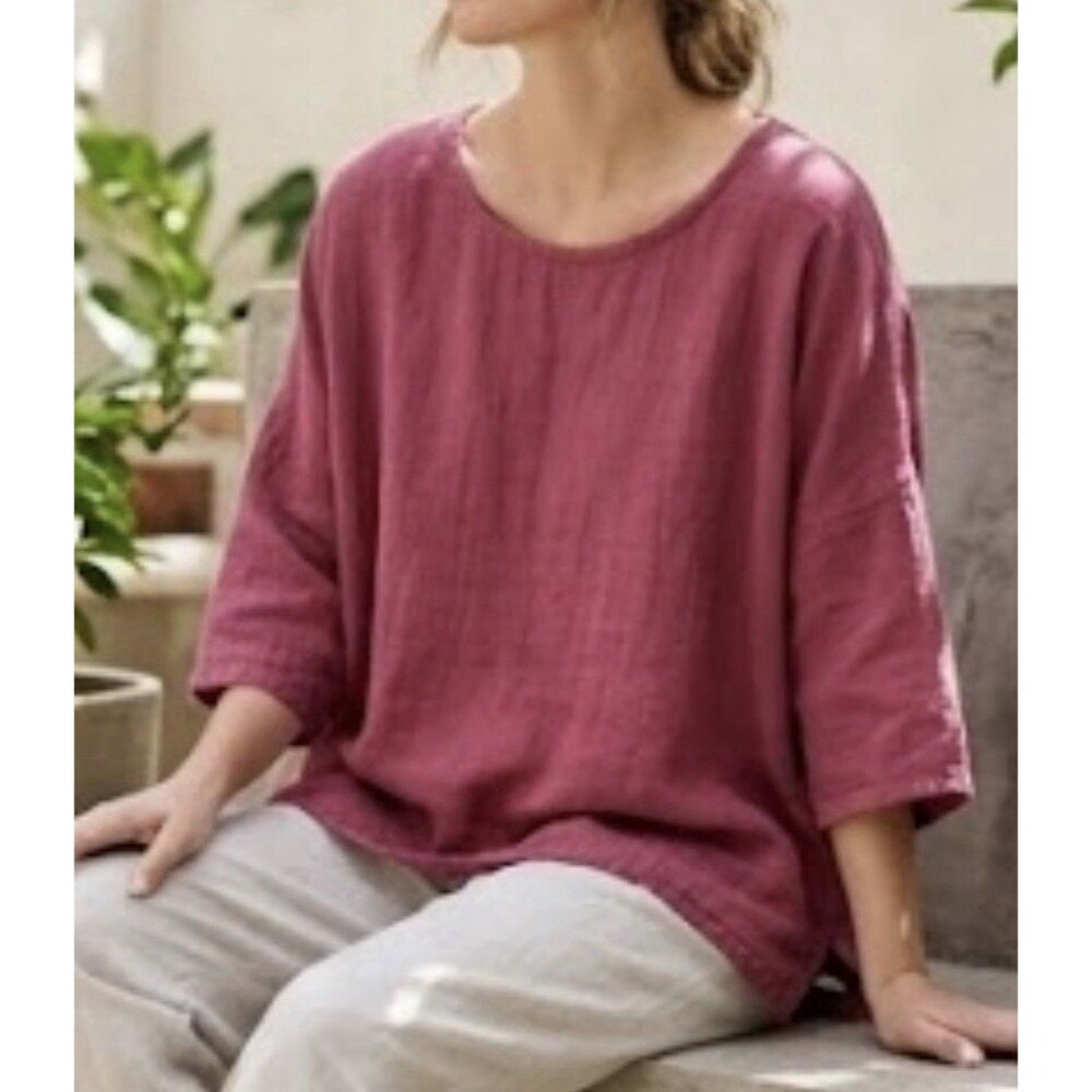 Oh My Gauze Top Sz 2X Cotton Slub Tunic Mauve Berry Lagenlook Artsy Minimal Boho